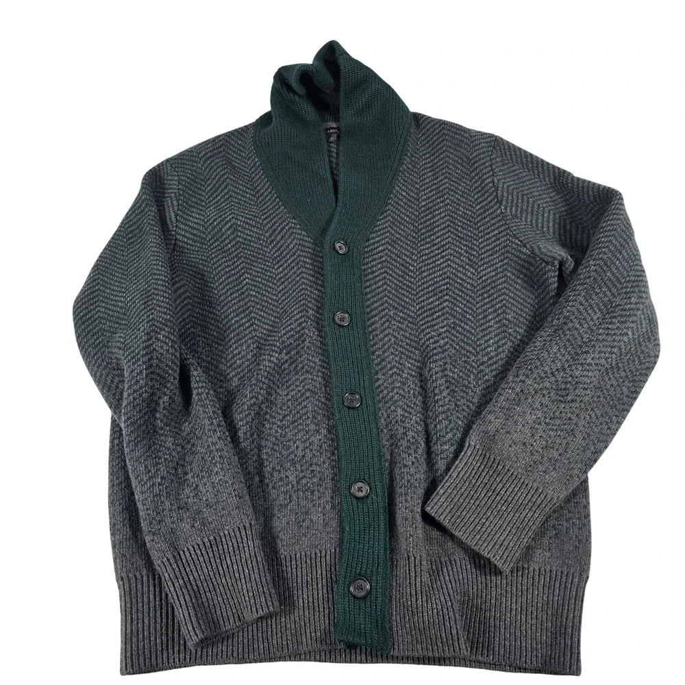 Banana Republic Mens Wool Herringbone Shawl Collar Cardigan Grey Green Large